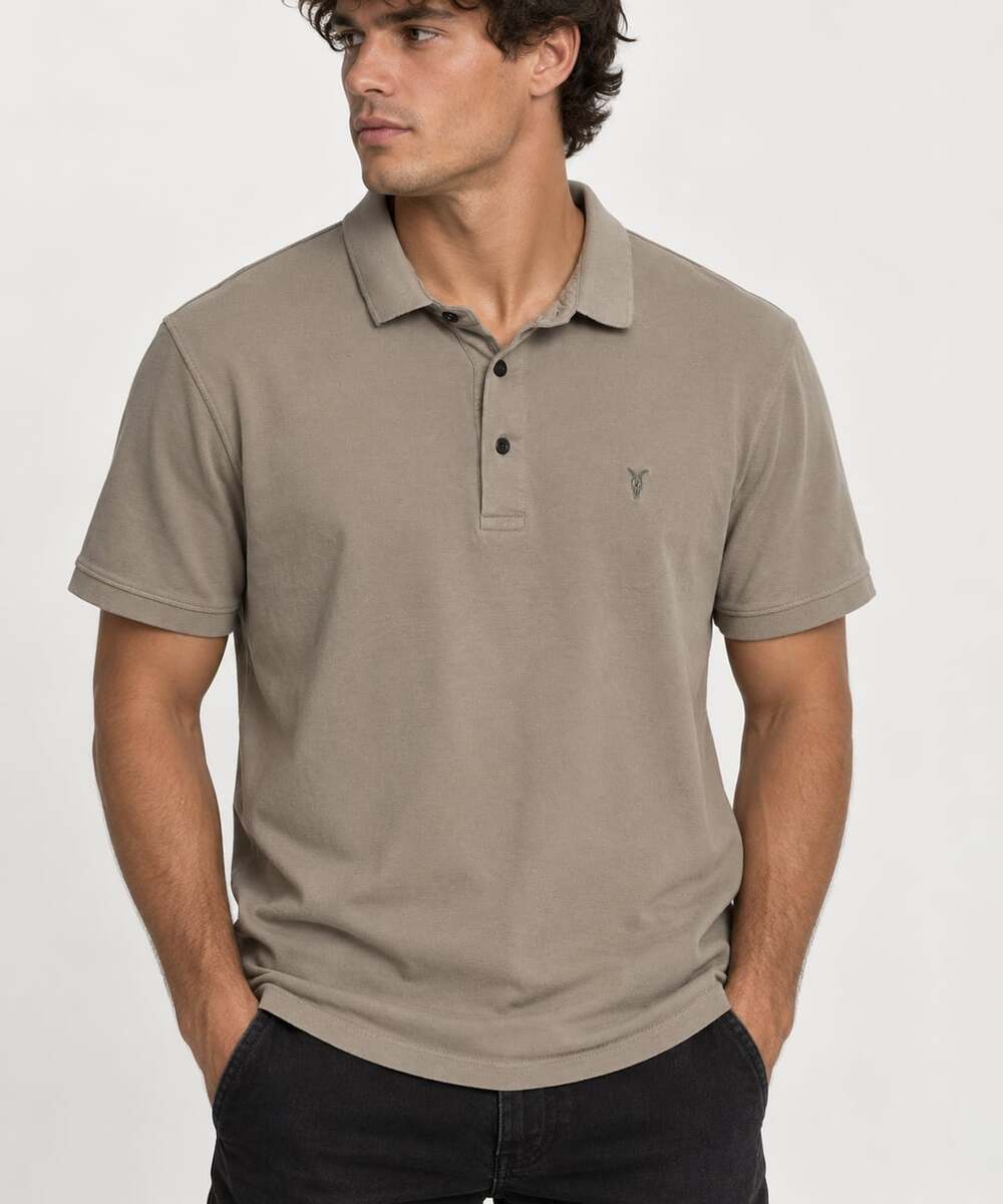 AllSaints Polo Shirt Large Khaki Short Sleeve Logo Pique